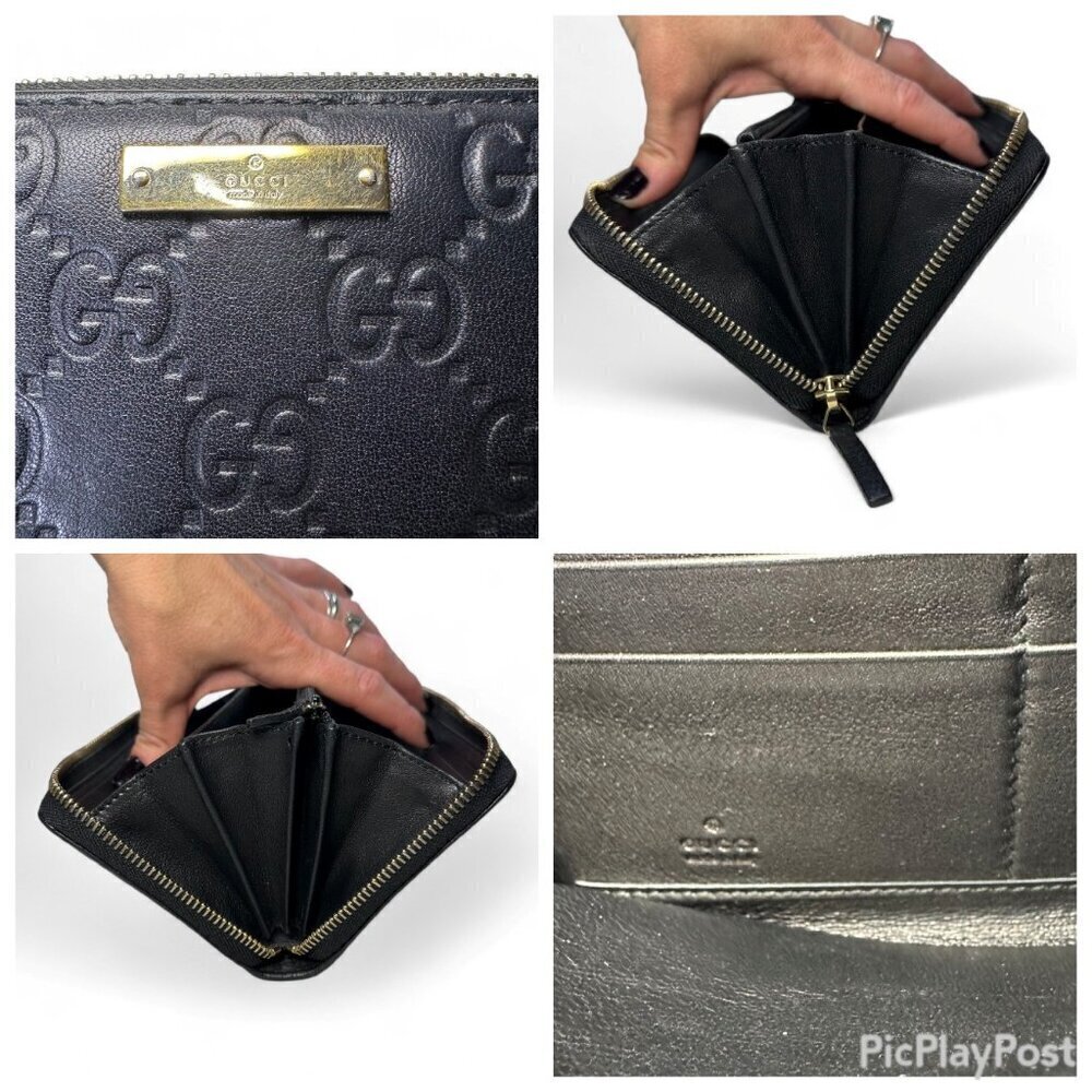 GUCCI Guccissima Leather Zip Around Long Wallet, Black GG Embossed - Picture 13 of 15